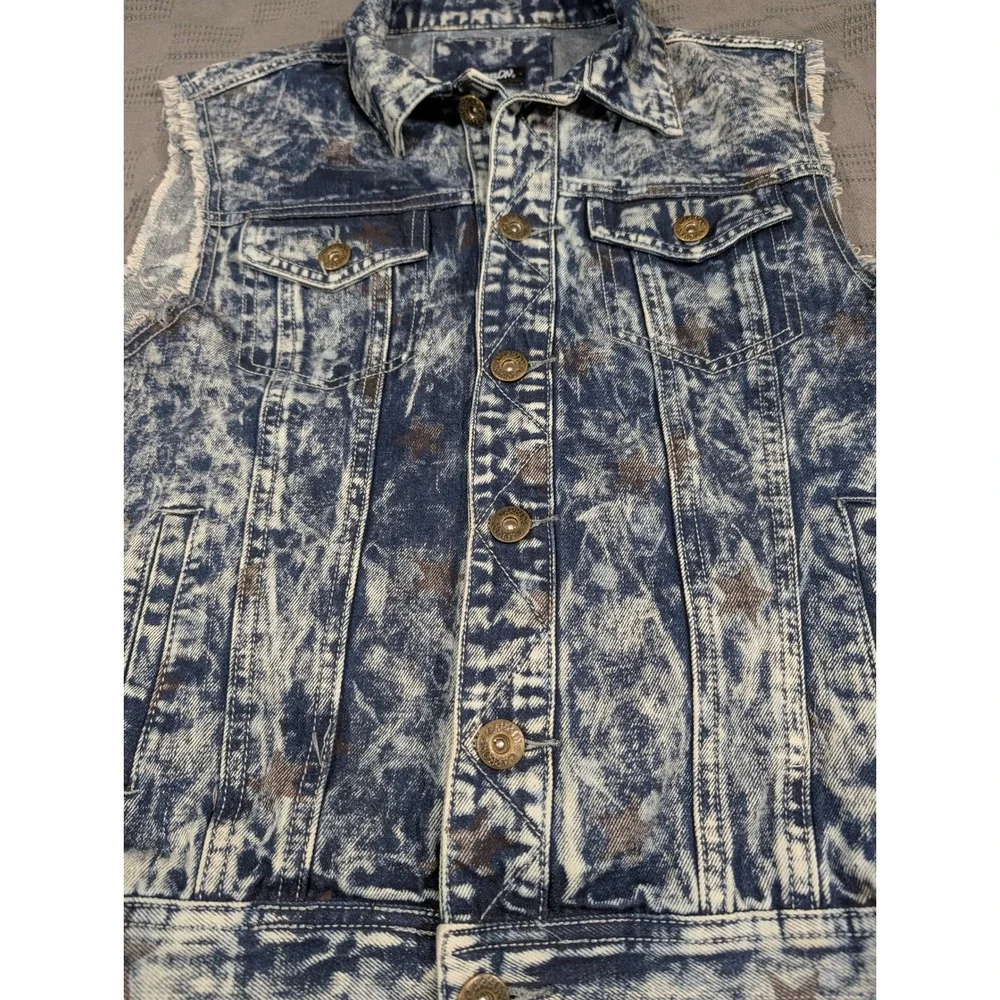 Carbon Mens Acid Wash Denim Vest Blue Brown Star Print Frayed Sleeveless Medium